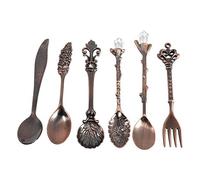 Kit fourchette cuillère à café Vintage Style Royal fourchette en métal sculpté cuillère à lait café accessoires café 6 pièces/ensemble(Laiton rouge)