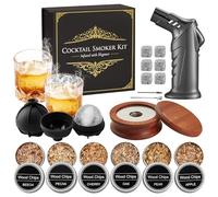 Kit Fumeur de Cocktail de Luxe avec Chalumeau et 2 Verres - 6 Saveurs de Copeaux, 2 Moules à Glaçons & 6 Pierres en Granit - Coffret Cadeau de Prestige pour Whisky (sans Butane)