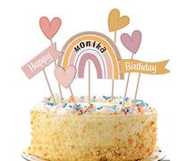 Kit Gâteau Décoration Arc en Ciel Happy Birthday 7Pcs Cake Topper 2Pcs Sticker Lettre Alphabet Joyeux Anniversaire Couleur Pastel pour Enfant Fille (Rose)