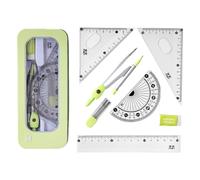 Kit Géométrie 7 En 1 - Règle 15cm + Équerre Scolaire 60°/10 Cm + Équerre Scolaire 45°/10 Cm + Rapporteur 180° + Boussole, Gomme, Mine De Stylo + Boîte - Set De Traçage Rigide Transparent