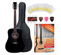 Classic Cantabile guitare acoustique folk gaucher set démarrage, kit d'accessoires à 5 pièces, noir