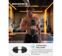 Kit Haltères Musculation 2-en-1, 2 x 15 kg, Poids Réglable, avec Barre d’Extension Supplémentaire en Acier, Noir d'Encre noir