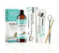 Kit Huile de Coco Naturel Bain de Bouche 100ml avec Dentifrice Charbon 120g, Gratte Langue et Brosse à dents en Bambou, Kit Hygiène Buccale à l'Huile de Coco Naturel pour Haleine Fraîche
