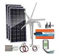 Kit Hybride d'énergie Solaire éolienne, système Hors réseau Domestique for Charger Une Batterie 12 V 24 V : générateur de Turbine 400 W + Panneau monocristallin 500 W + Accessoire 1000 W.(700w)