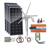 Kit Hybride d'énergie Solaire éolienne, système Hors réseau Domestique for Charger Une Batterie 12 V 24 V : générateur de Turbine 400 W + Panneau monocristallin 500 W + Accessoire 1000 W.(800w)