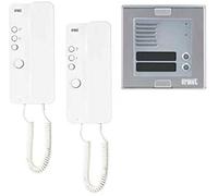 Kit interphone pour maison bi-famille avec platine Sinthesi S2 et interphones Mìro 1150/302.