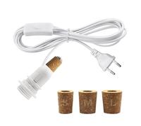 Kit Lampe Bouteille, Douille E14 avec Cable et interrupteur 2.4M, Adaptateur Bouteille pour Douille de Lampe, Inclus 3 Couvercles en Bois, Douille Ampoule pour Bouteille, Pour DIY Abat Jour, Blanc