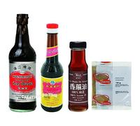 Kit / Lot de 4 Ingrédients de Base de la cuisine Asiatique/Chinoise : Sauce Soja, Vinaigre Noir, Huile de Sésame et un Mélange de 5 Épices - Prix réduit !