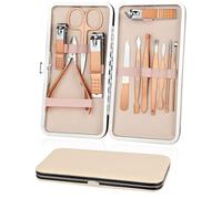 Kit Manucre Coupe Ongles, 12pcs Kit Manucre Pedicure, Outils Professionnels de Soins des Ongles en Acier Inoxydable avec étui de Voyage en Cuir, Cadeau Toilettage pour Hommes Femmes (Or rose)