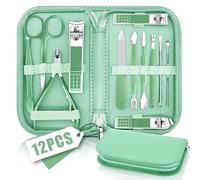 Kit Manucre Pedicure, Coupe Ongle Professionnel, Trousse Manucure Femme et Hommes, Manucure Accessoires, Coupe Ongle Pied, Kit Manucure Professionnel Avec Sac de Voyage en Cuir Vert, Set 12 en 1
