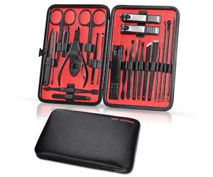 Kit Manucure 23pcs Coupe Ongle Set Manucure Pedicure Kit Ongle en Acier Inoxydable Portable Ensemble de Coupe-Ongles avec Coffret Cuir Inclus Trousse Manucure Femme Hommes Pedicure Set, Noir Rouge