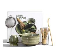 Kit Matcha 5 Pièces, Set de Thé Matcha Japonais Complet avec Bol à Bec Verseur, Fouet en Bambou (Chasen), Cuillère et Tamis Coffret pour Cérémonie du Thé Traditionnelle Idée Cadeau (Vert Classique)