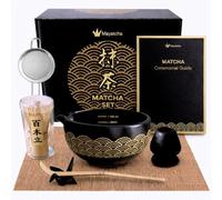 Kit Matcha Complet noir doré, set matcha 8 accessoires avec fouet bambou chasen, bol matcha avec bec verseur & graduations, cuillere, grue japonaise porte bonheur, kit matcha debutant avec guide