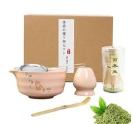 Kit Matcha Complet Rose,Avec Bol Matcha Bec Verseur,Fouet Matcha Bambou,Cuillere Matcha,Support pour Fouet,Tamis en Acier Inoxydable,Amateurs de Matcha