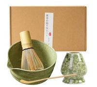 Kit Matcha Japonais 4 Pièces, Service à Thé Traditionnel pour Cérémonie du Matcha : Fouet en Bambou (Chasen), Bol Céramique 500ml, Tamis, Cuillère & Support, Idéal Cadeau vert