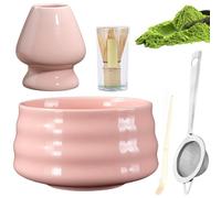 Kit Matcha Japonais 5 Pièces, Service à Thé Traditionnel pour Cérémonie du Matcha : Fouet en Bambou (Chasen), Bol Céramique 500ml, Tamis, Cuillère & Support, Idéal Cadeau Rose