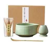 Kit Matcha - Matcha Kit 4 Pièces pour Cérémonie du Thé : Bol Matcha en Céramique avec Bec Verseur, Fouet Matcha en Bambou avec Support, Cuillère à Matcha - Cadeau Élégant Vert pour la Cérémonie du Thé