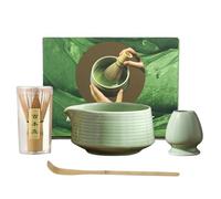 Kit Matcha - Matcha Kit 4 Pièces pour Cérémonie du Thé: Bol Matcha en Céramique avec Bec Verseur, Fouet Matcha en Bambou avec Support, Cuillère à Matcha - Cadeau Élégant Vert pour la Cérémonie du Thé