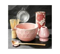 Kit Matcha Rose 7 Pièces avec Bambou Fouet, Matcha Set Ceremonie | Traditionnel bol à bec verseur, tamis, coffret cadeau, outils cérémonie thé japonais, bambou et porcelaine, sans poudre