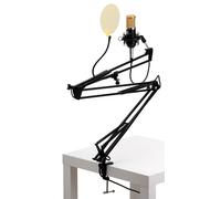 Kit Microphone Condensateur Enregistrement Support Bras Or Filtre AntiPop Noir