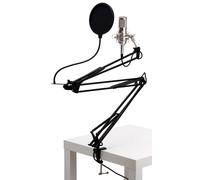 Microphone à condensateur studio Pronomic CM-100S à grande membrane XLR incluant anti-pop et bras de microphone (avec suspension, étui, pare-vent, adaptateur, mini pare-vent, pince de table) argent