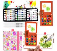 Kit Mini Aquarelle Voyage, 18 Couleurs Kit Aquarelle Peinture & Miniature Palette Aquarelle de Voyage avec Clip Métal & 3 Stylos à Eau & Mini Carnet Croquis pour Enfants et Adultes Débutants (Rose)