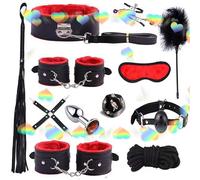 Kit Multifonctionnel De 12 PièCes, Ensemble En Cuir Avec Poignet Et Cheville RéGlables, Bande Aux Yeux, Accessoires D'éTirement De Cordes-D-1 (Rouge)