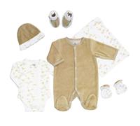 Trois Kilos Sept - Kit Naissance - Vêtements Bébé - Ensemble Unisexe avec Pyjama, Body, Bonnet, Chaussons et Moufles - Sac de Rangement Inclus