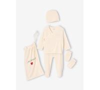 Kit naissance 5 pièces : brassière + pantalon + bonnet + gants + pochon écru 3M(60CM)
