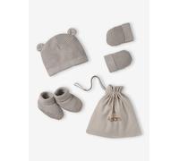Kit naissance bonnet, moufles et chaussons et son pochon personnalisable beige chiné 0/1M(50/54)