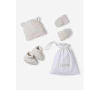 Kit naissance bonnet, moufles et chaussons et son pochon personnalisable écru 0/1M(50/54)