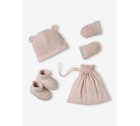 Kit naissance bonnet, moufles et chaussons et son pochon personnalisable rose PREMA(40/45)