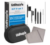 Kit Nettoyage Appareils Auditifs 9en1 Uditools - Étui de Poche - Accessoires avec Brosses Fil Ultra-Slim et Aimant Extracteur de Pile - Compatible avec Appareils BTE RIC ITE et Embouts Auriculaires
