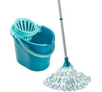 Kit nettoyage sol avec seau essoreur - SWAPY - Balai à franges en viscose - Seau essoreur - Turquoise - 39x29x29 cm