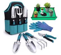 Kit Outils Jardinage 7 Pièces Set Jardinage Complet Gants Rempotage | Inoxydable Acier Carbone Trempé Poignées TPR Tapis Imperméable 75x75cm Bouton Pression Oxford 600D Coffret Cadeau
