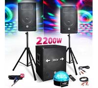 Kit PACK SONO 1512 2200W Enceintes + Subwoofer USB/BLUETOOTH + Pieds + Lumière Sixmagic