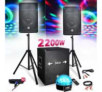 Kit PACK SONO 1512 2200W Enceintes + Subwoofer USB/BLUETOOTH + Pieds + Lumière Sixmagic