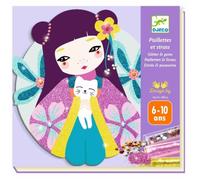 DJECO Kit Paillettes et Strass Japon pour Enfants de 6 à 10 ans- 4 Cartes Arrondies et Préencollées, Paillettes & Strass - Développe la Créativité - Dessins Elégants - Sans Désordre, Facile à Utiliser