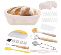 Kit Pain Maison Paniere a Pain Ovale Panier Proving Boulanger Paniers L'épreuve Bread Baskets Fermentation Set Sugar Cane Boulangerie avec Doublure en Lin, Raclette à Pâte, Raclette à Bol, Brosse