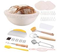 Kit Pain Maison Paniere a Pain Rond Panier Sourdough Starter Faire avec Outils Fabrication Proofing Basket en Rotin Naturel Baking Levain Compressible Accessoires avec Lame Boulanger, Doublure en Lin