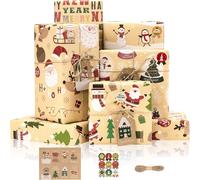 Kit Papier Cadeau Noel avec Etiquette et Autocollant, 6 Feuilles Papier Emballage Cadeau Noël Vintage avec Joli Père Noël Renne, Papier Kraft Brun Épais po