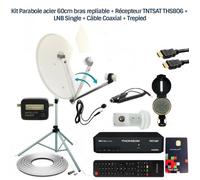 Kit Parabole acier 60cm bras repliable + Récepteur TNTSAT THS806 + LNB Single + Câble Coaxial + Trepied