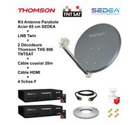 Kit Parabole Acier 65 cm Anthracite + LNB Twin Full HD 4K + 2 Décodeurs THS 806 TNTSAT + Câble coax 20m + Câble HDMI + 4 fiches F
