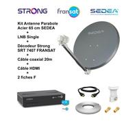 Kit Parabole HDME Acier 65 cm Anthracite + LNB Single Full HD 4K + Décodeur SRT 7407 FRANSAT + Câble coax 20m + Câble HDMI + 2 fiches F