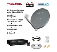 Kit Parabole Acier HDME Anthracite 65cm + LNB Single Full HD 4K + Décodeur THS 806 TNTSAT + Câble coax 20m + Câble HDMI + 2 Fiches F