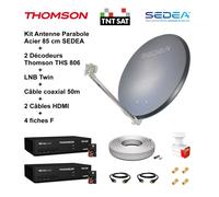 Kit Parabole Acier 85 cm Anthracite + LNB Twin Full HD 4K + 2 Décodeurs THS 806 TNTSAT + Câble coax 50m + 2 Câbles HDMI + 4 fiches F