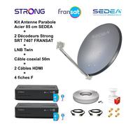 Kit Parabole Acier 85 cm Anthracite + LNB Twin HD 4K + 2 Décodeurs SRT 7407 FRANSAT + Câble coax 50m + 2 Câbles HDMI + 4 Fiches F