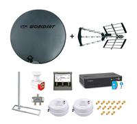 Kit Parabole Fibre 75cm + Antenne TNT + Support Toit + LNB Quad + Coupleur SAT TV + Décodeur Fransat + 2 Câbles Twin 25m + 14 Fiches
