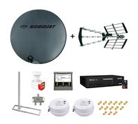 Kit Parabole Fibre 75cm + Antenne TNT + Support Toit + LNB Quad + Coupleur SAT TV + Décodeur TNTSAT + 2 Câbles Twin 25m + 14 Fiches F