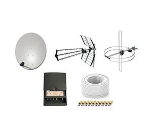 Kit Parabole Sat 80 cm Acier + Antenne TNT Trinappe 18dB + Antenne Omni Dab FM + Coupleur TER & Sat 4 Entrées, FM, Dab-VHF, UHF, Sat + LNB Single 0,1dB + Câble Coaxial Satellite 20m + 10 Fiches F Or